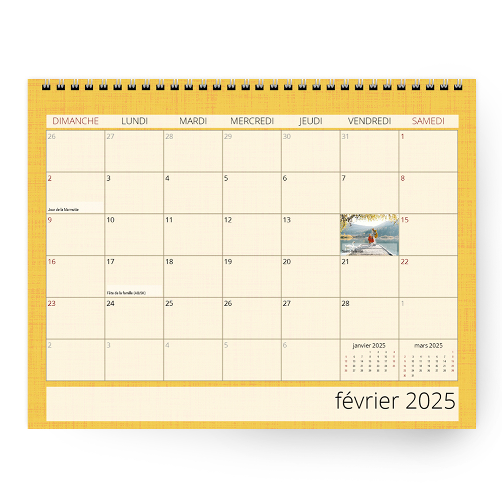 Image montrant la grille de notre calendrier 8,5x11 po à spirale centrale